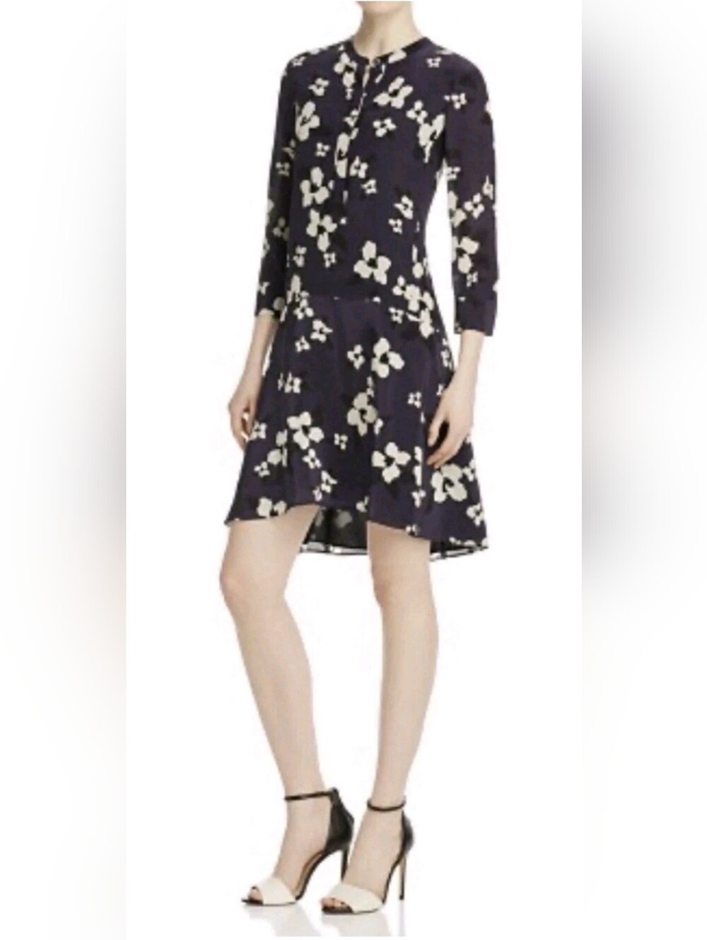 Autumn Wedding Guest Dress Theory Silk Floral Midi  Navy Blue & White Classic